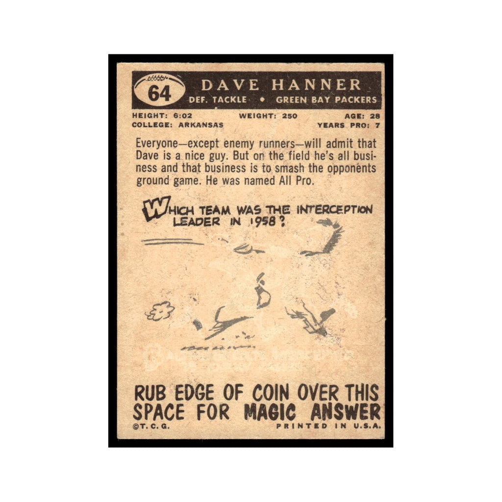 Dave Hanner 1959 Topps #64 Green Bay Packers Football Card EX