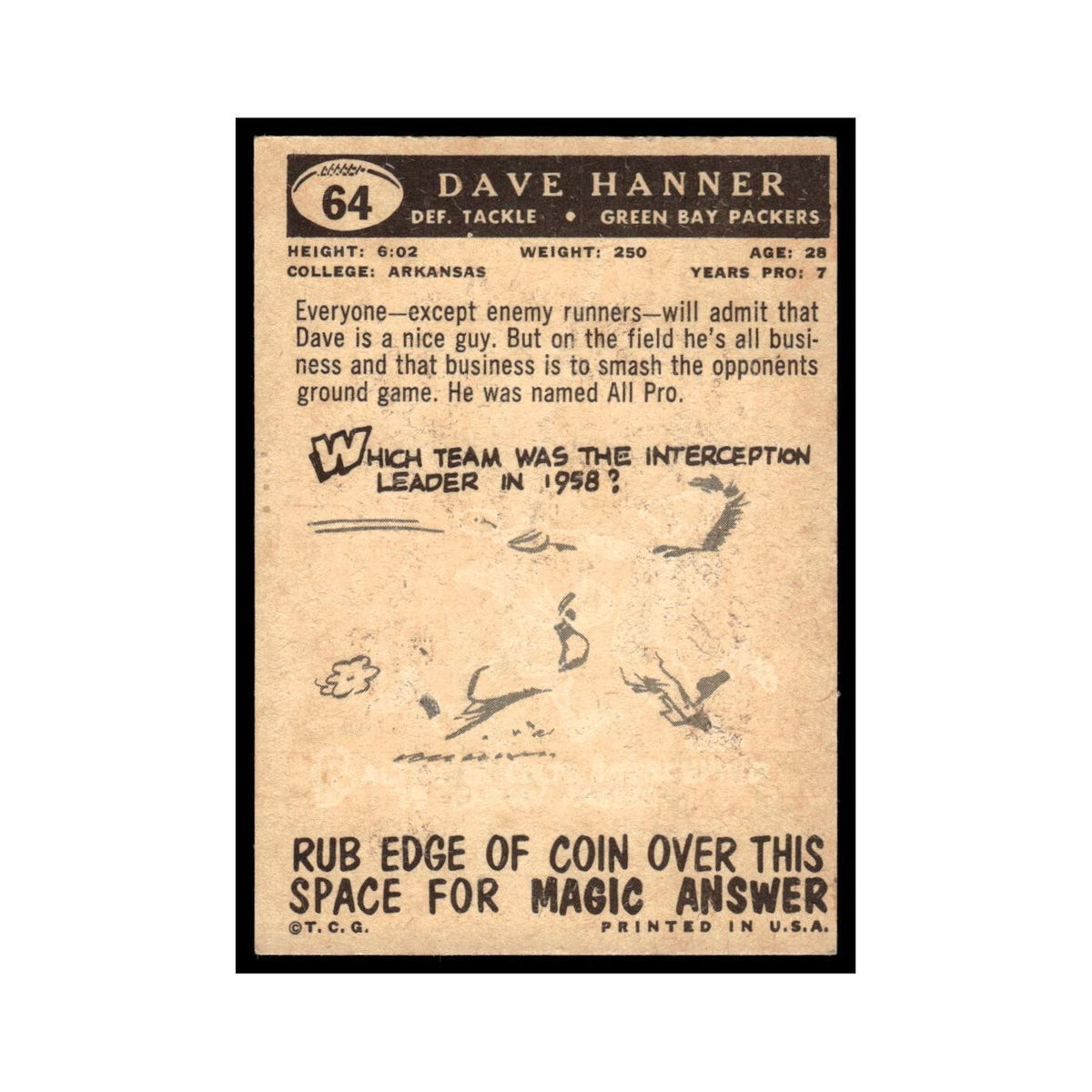 Dave Hanner 1959 Topps #64 Green Bay Packers Football Card EX