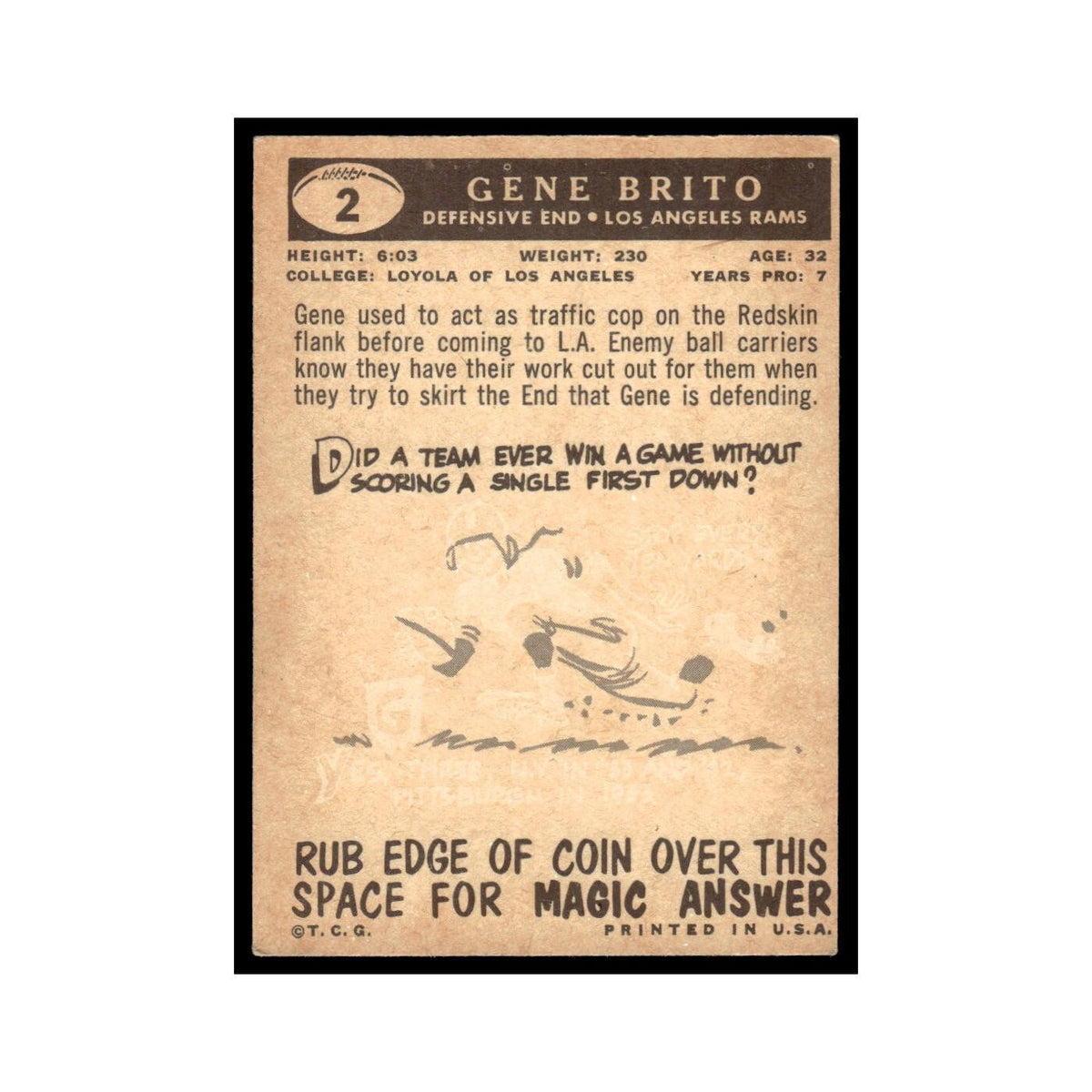 Gene Brito 1959 Topps #2 Los Angeles Rams Football Card EX