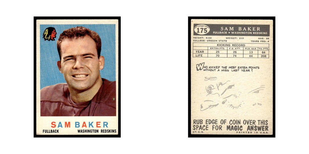 Sam Baker 1959 Topps #175 Washington Redskins Football Card EX