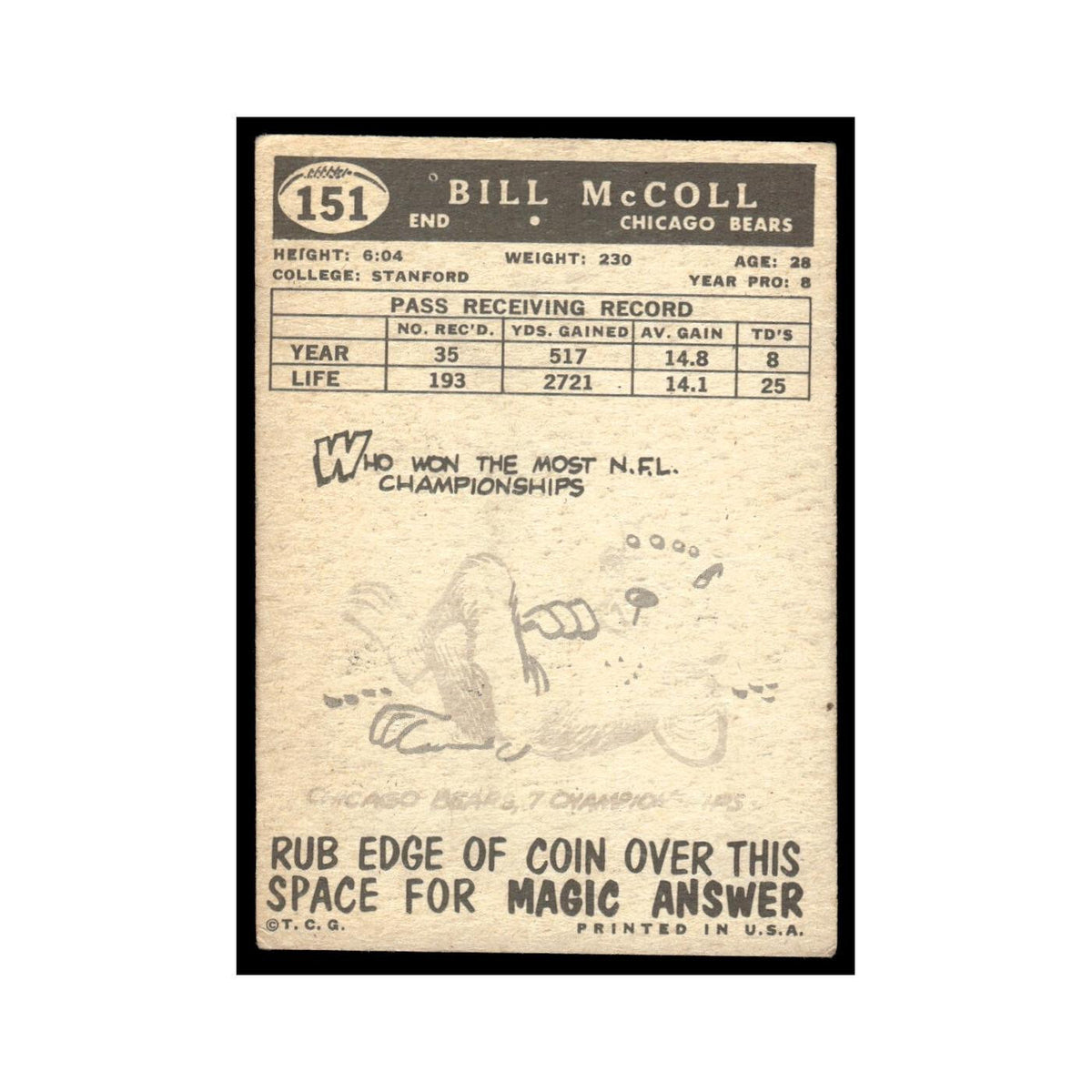 Bill McColl 1959 Topps #151 Chicago Bears Football Card EX
