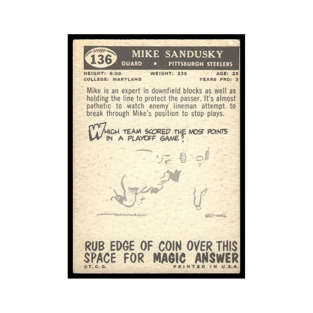 Mike Sandusky Rookie 1959 Topps #136 Pittsburgh Steelers Football Card EX
