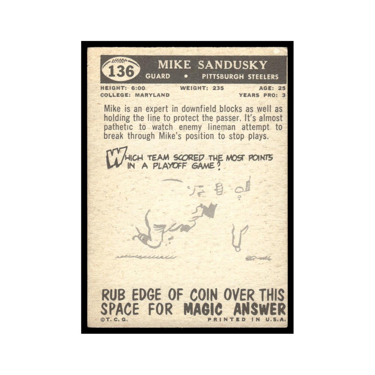 Mike Sandusky Rookie 1959 Topps #136 Pittsburgh Steelers Football Card EX