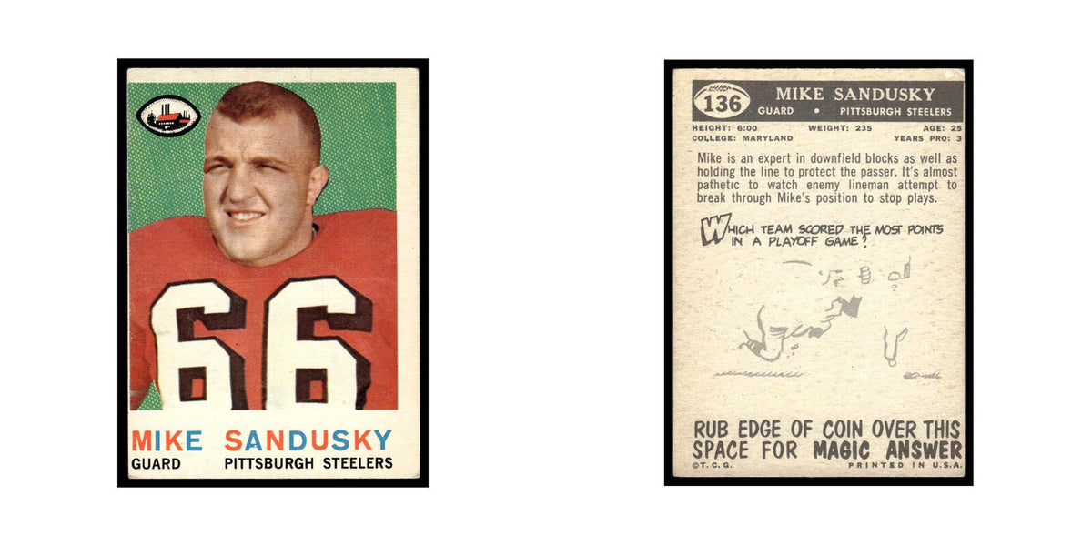Mike Sandusky Rookie 1959 Topps #136 Pittsburgh Steelers Football Card EX