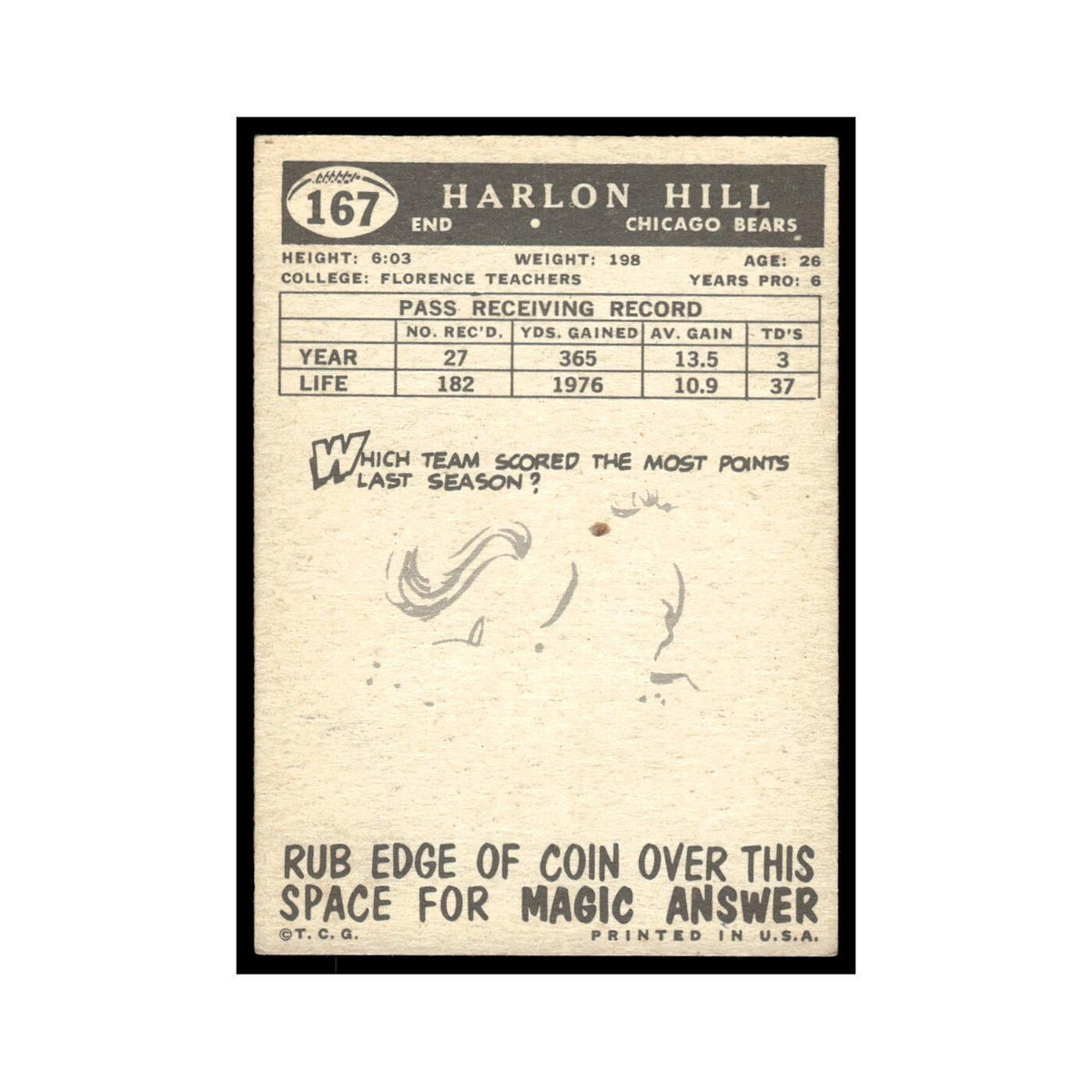 Harlon Hill 1959 Topps #167 Chicago Bears Football Card EX