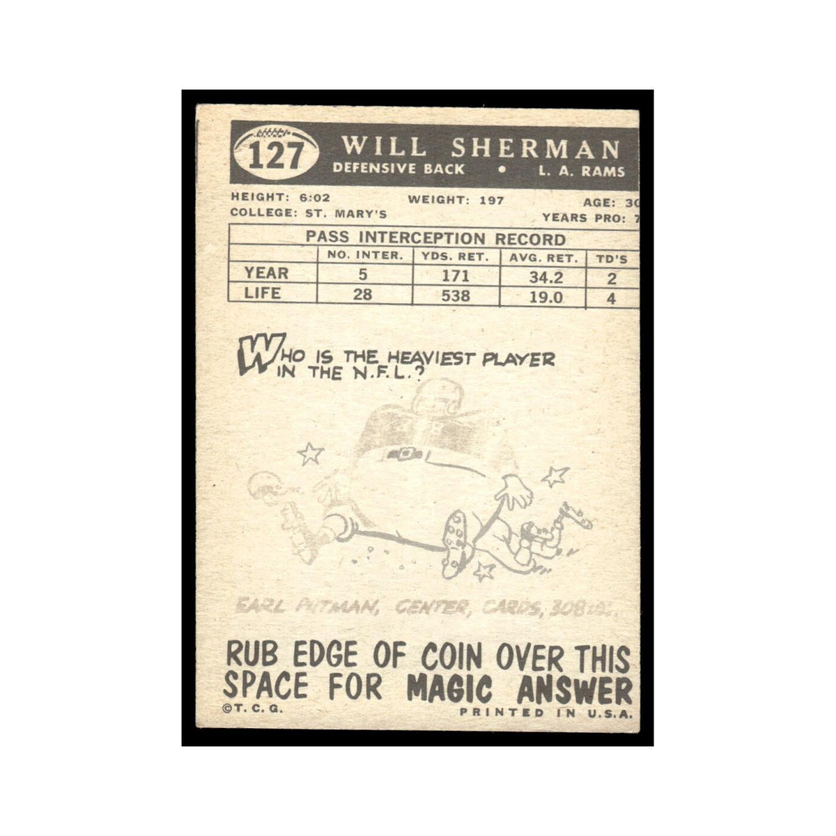 Will Sherman 1959 Topps #127 Los Angeles Rams Football Card EX