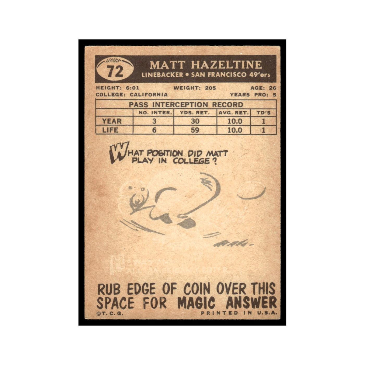 Matt Hazeltine 1959 Topps #72 San Francisco 49ers Football Card EX