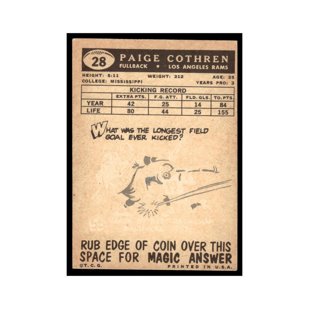 Paige Cothren 1959 Topps #28 Los Angeles Rams Football Card EX