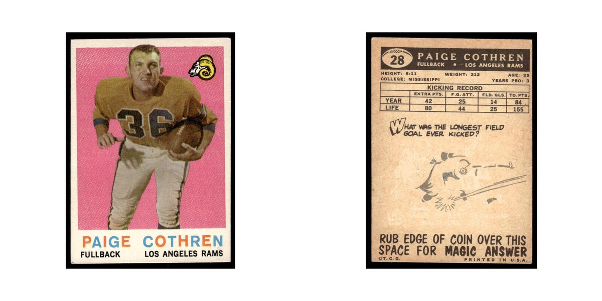 Paige Cothren 1959 Topps #28 Los Angeles Rams Football Card EX