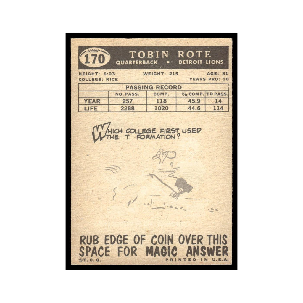 Tobin Rote 1959 Topps #170 Detroit Lions Football Card EX