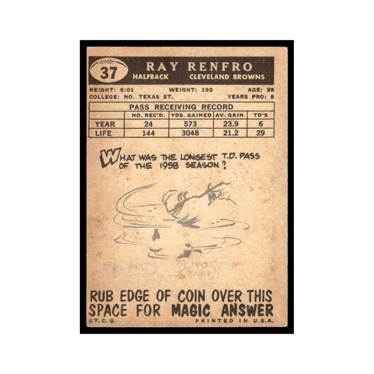 Ray Renfro 1959 Topps #37 Cleveland Browns Football Card EX