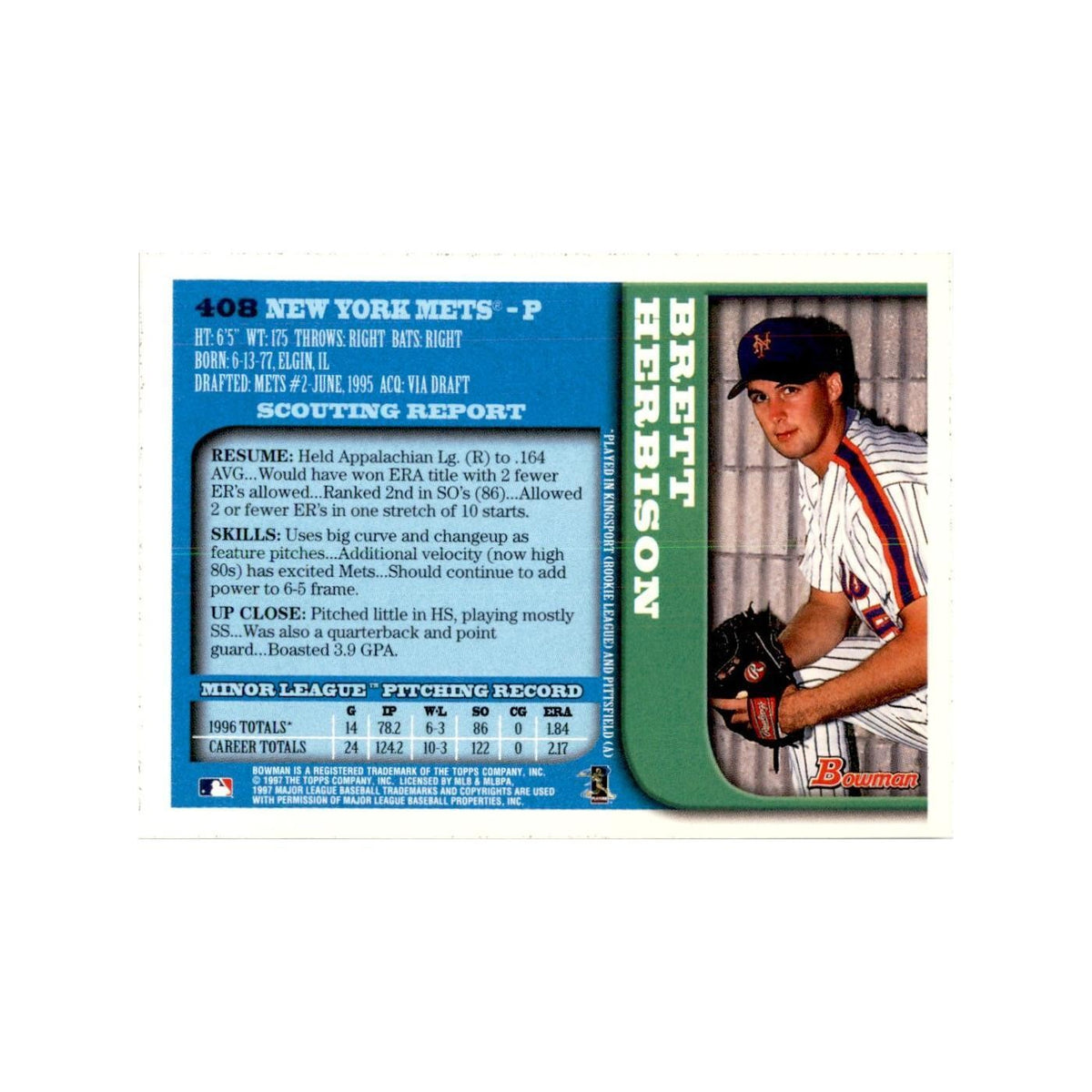 1997 Bowman Brett Herbison Baseball Cards #408