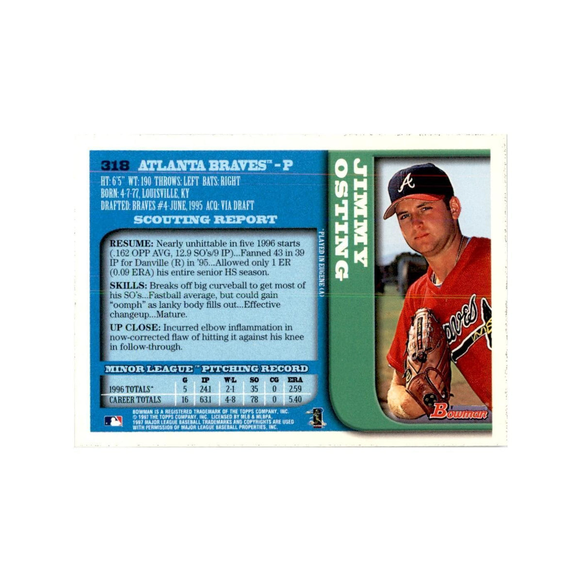 1997 Bowman Jimmy Osting Baseball Cards #318