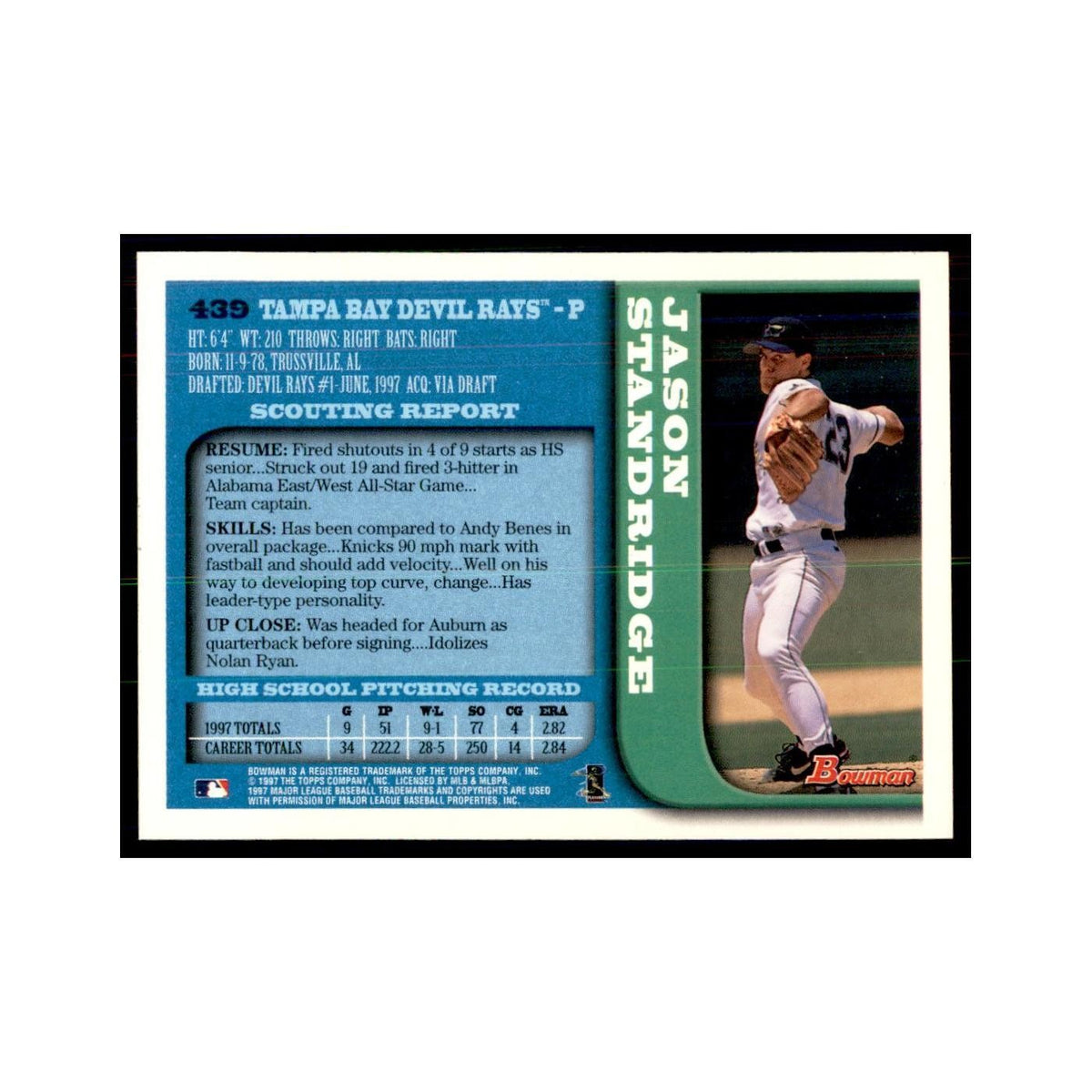1997 Bowman Jason Standridge Baseball Cards #439