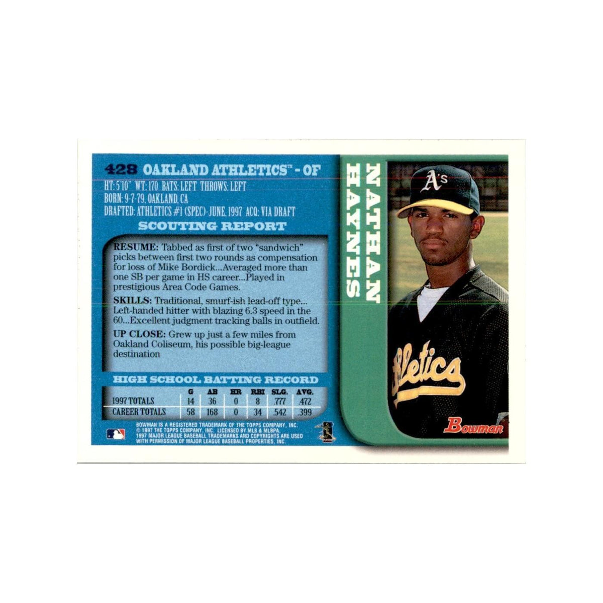 1997 Bowman Nathan Haynes Baseball Cards #428