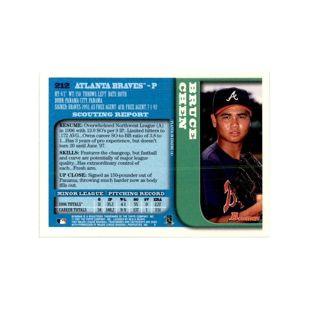 1997 Bowman Bruce Chen Baseball Cards #212