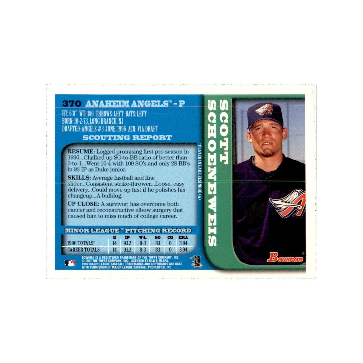 1997 Bowman Scott Schoeneweis Baseball Cards #370