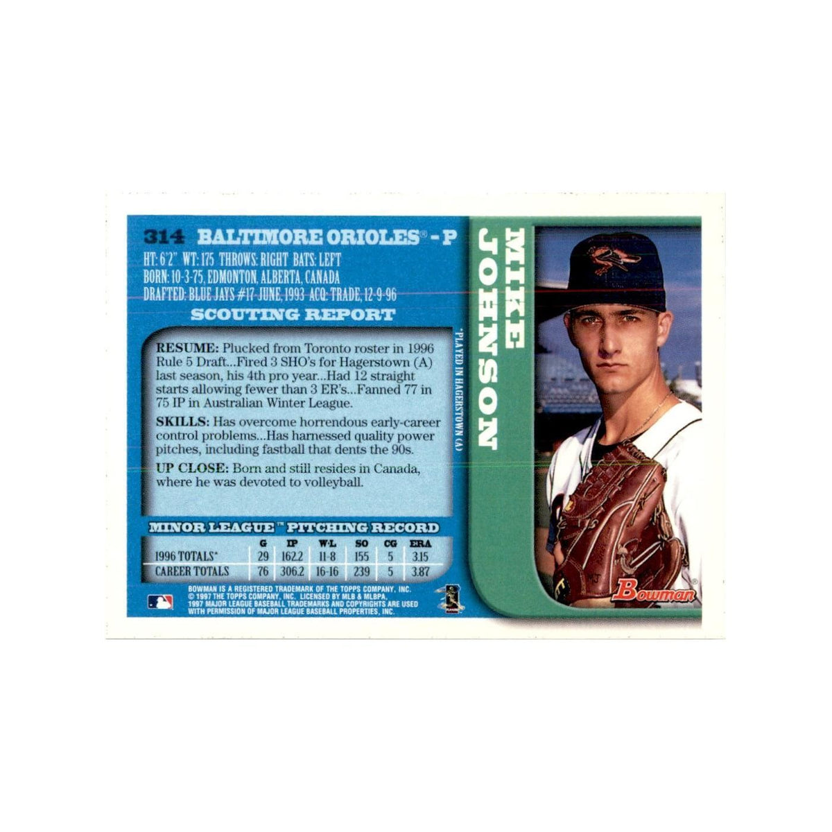 1997 Bowman Mike Johnson Baseball Cards #314