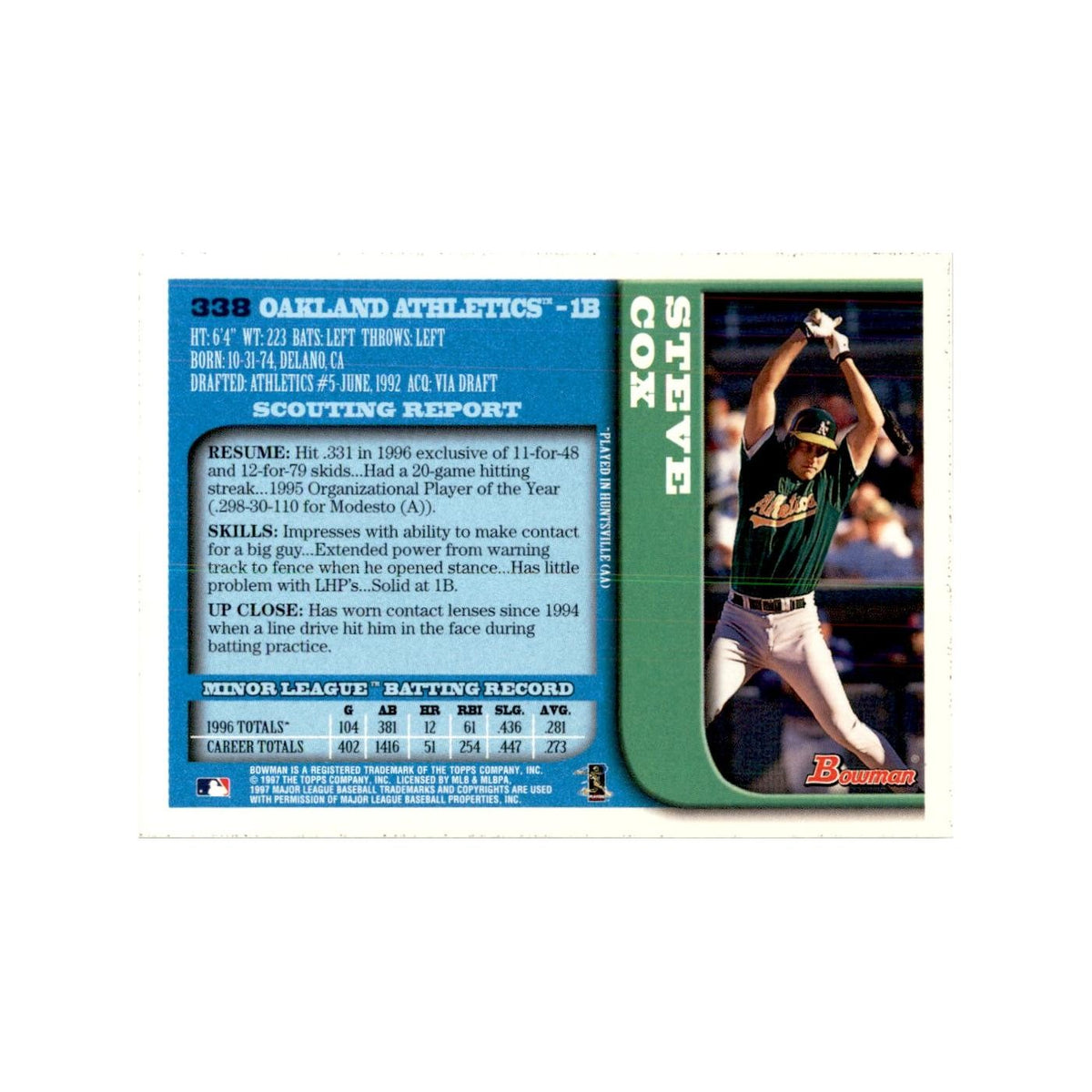 1997 Bowman Steve Cox Baseball Cards #338