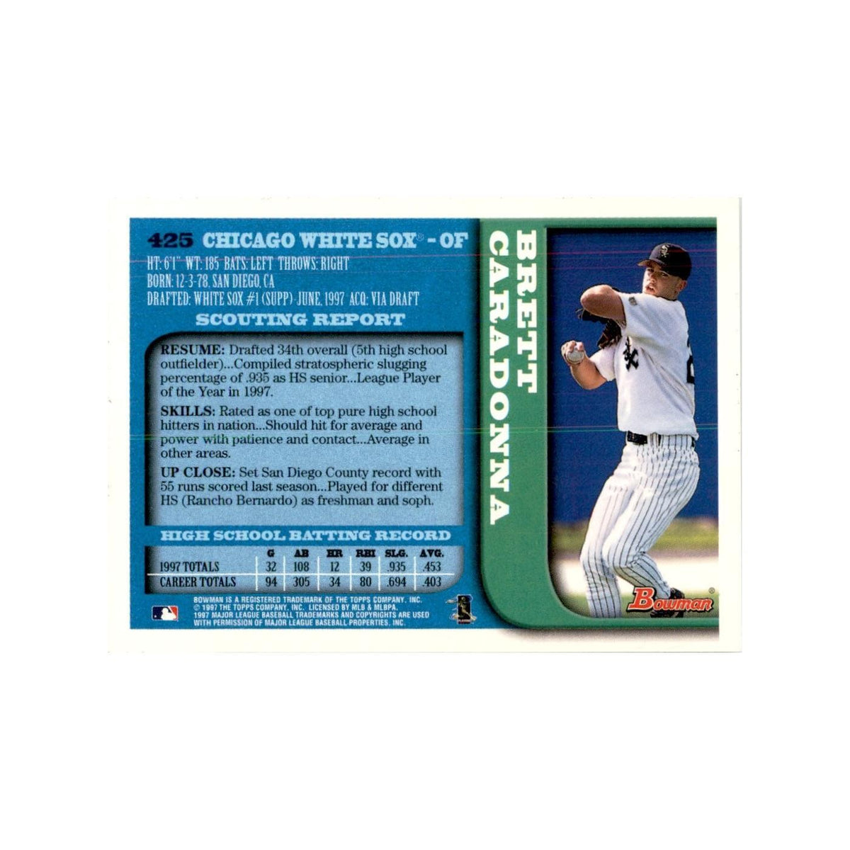 1997 Bowman Brett Caradonna Baseball Cards #425