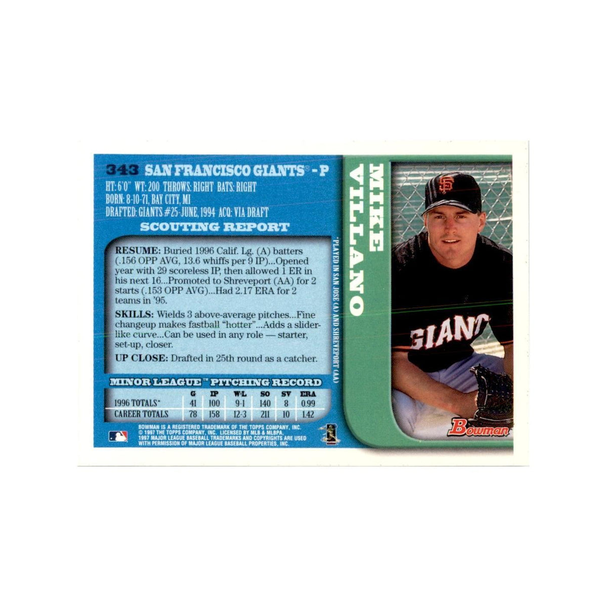 1997 Bowman Mike Villano Baseball Cards #343