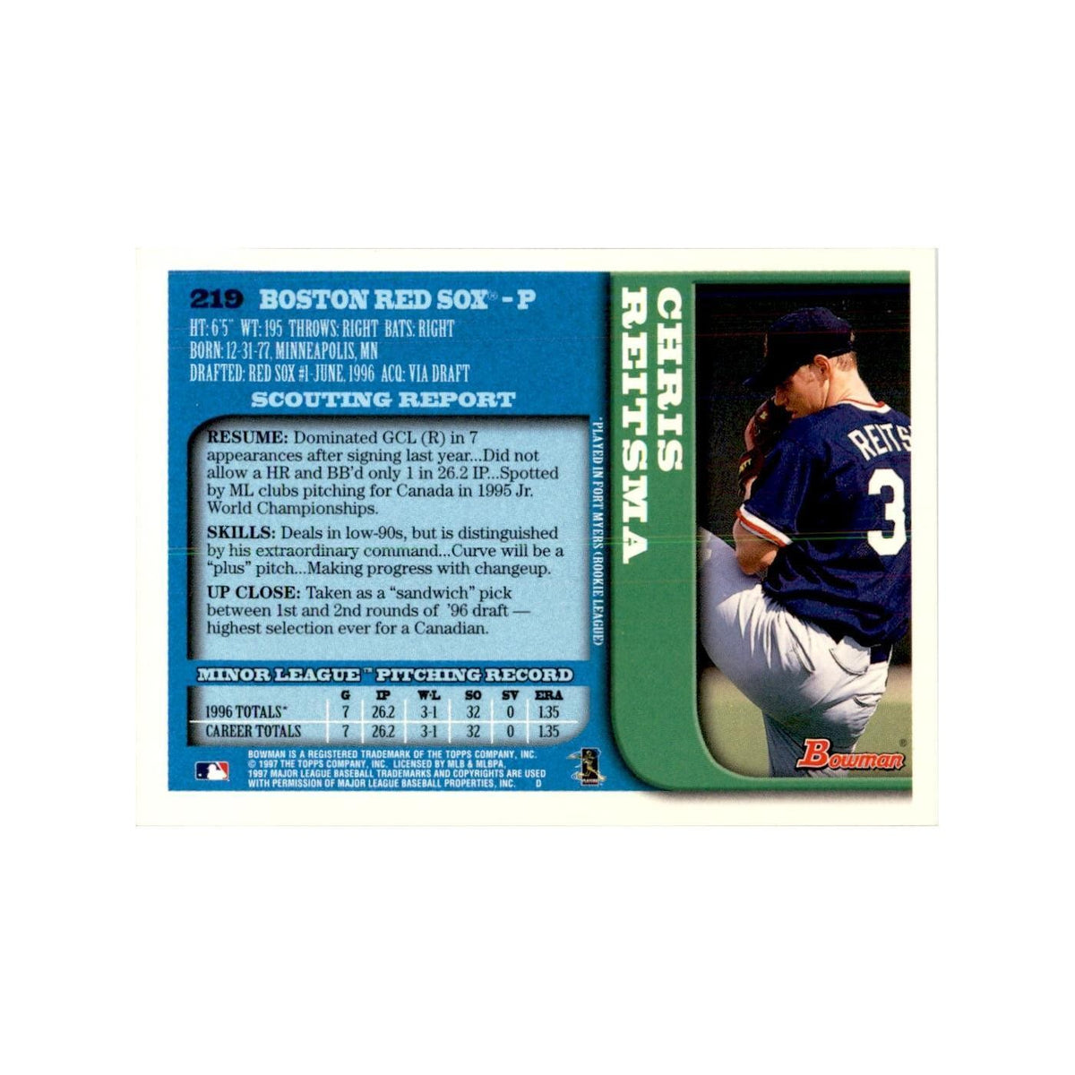 1997 Bowman Chris Reitsma Baseball Cards #219