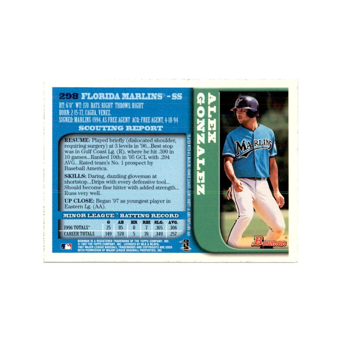 1997 Bowman Alex Gonzalez Baseball Cards #298