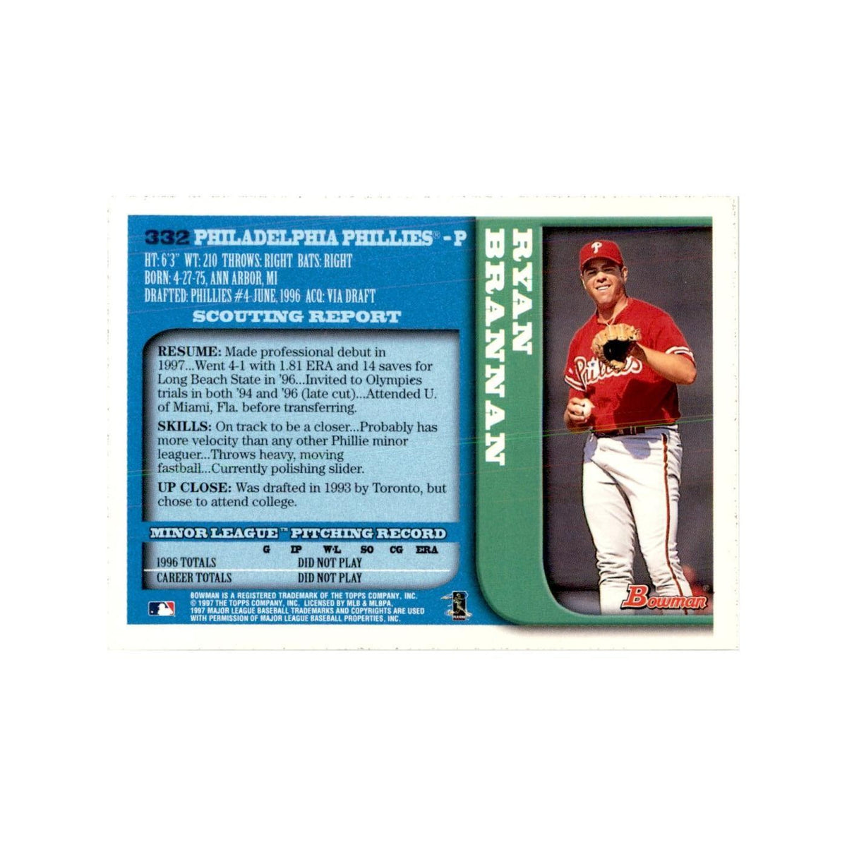 1997 Bowman Ryan Brannan Baseball Cards #332