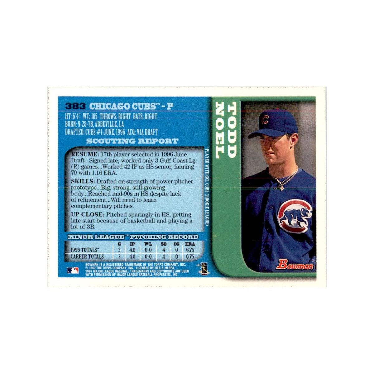 1997 Bowman Todd Noel Baseball Cards #383
