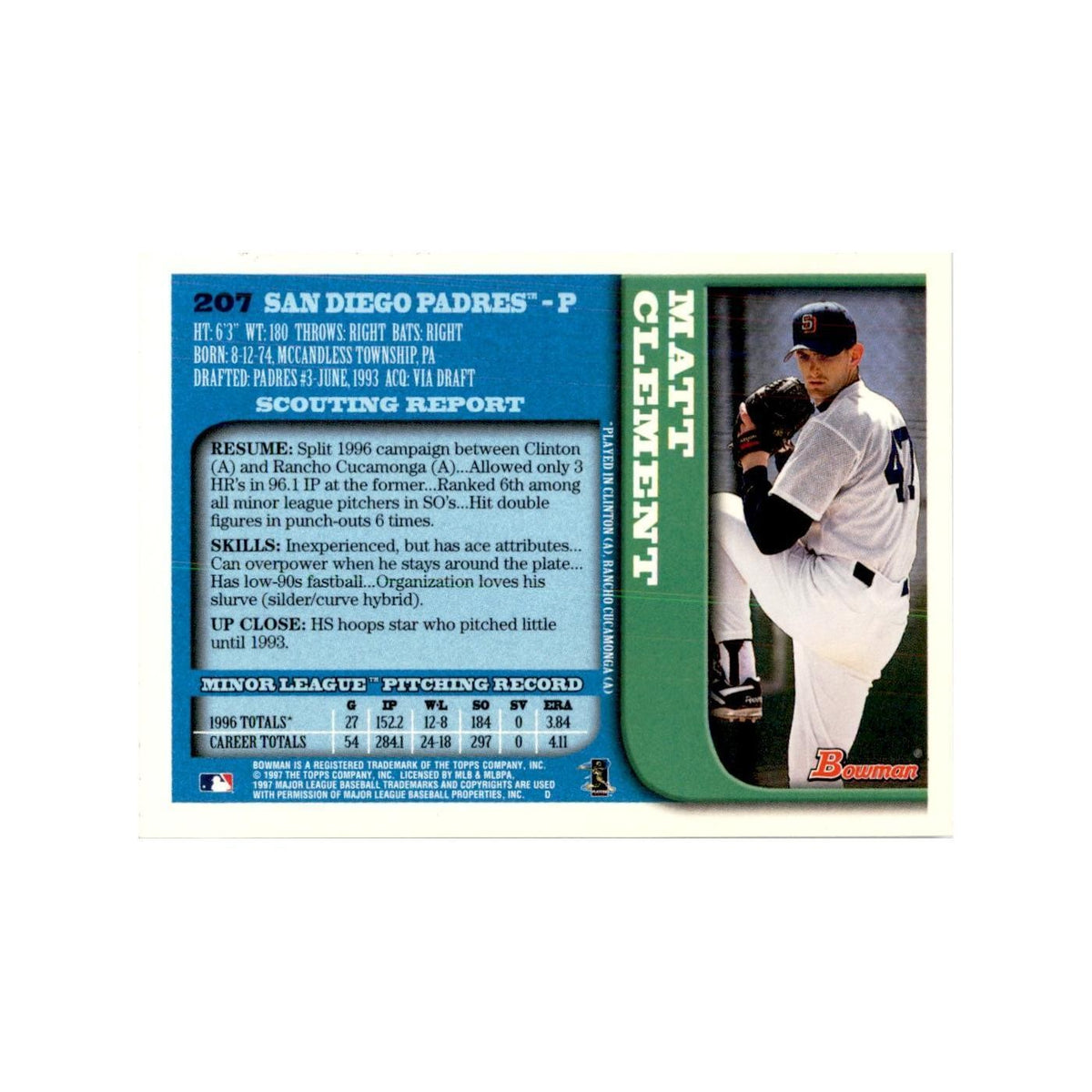 1997 Bowman Matt Clement Baseball Cards #207