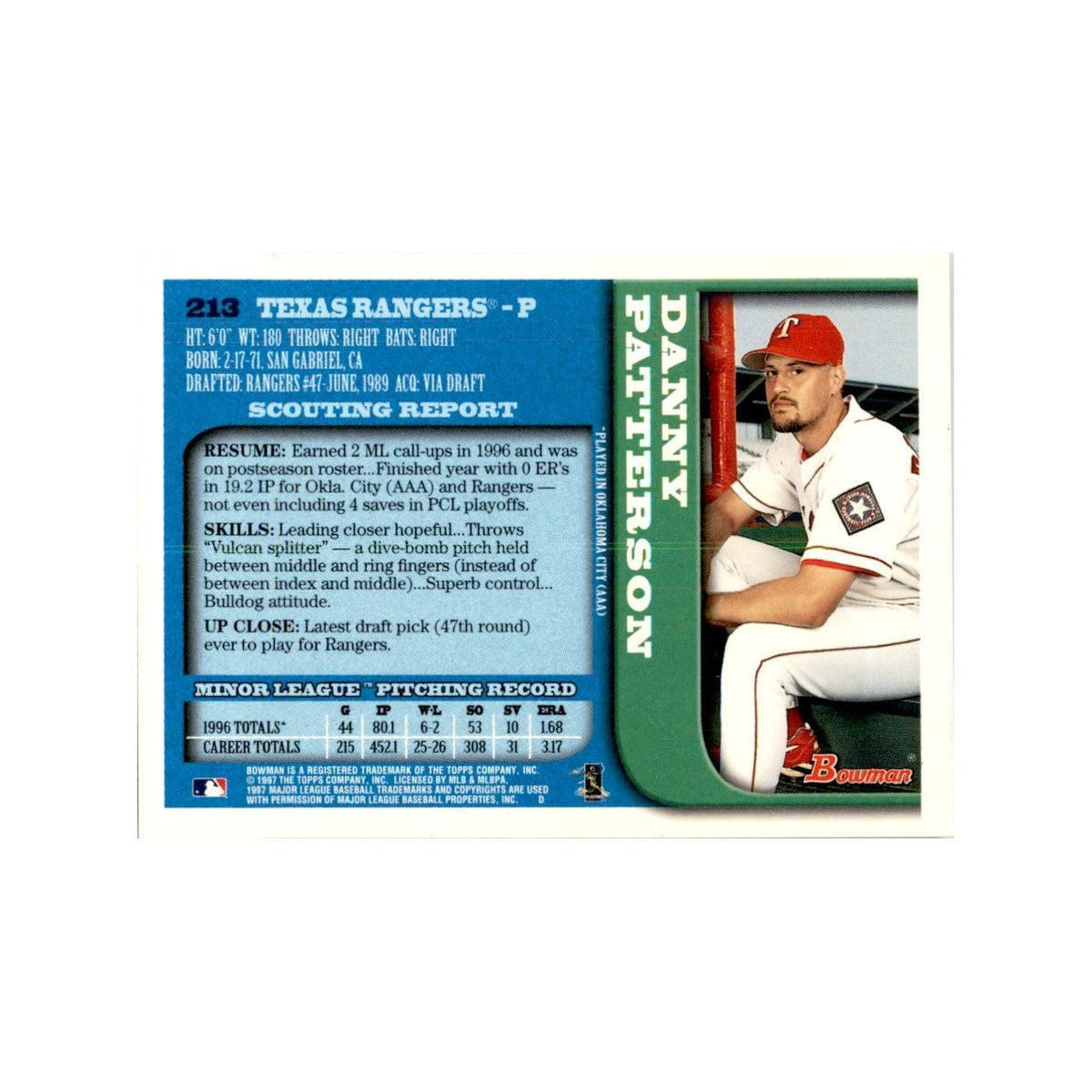 1997 Bowman Danny Patterson Baseball Cards #213