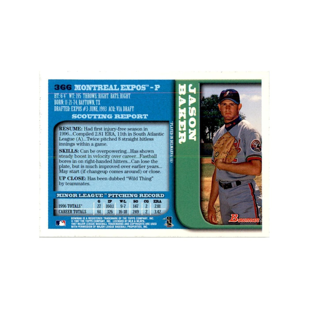 1997 Bowman Jason Baker Baseball Cards #366