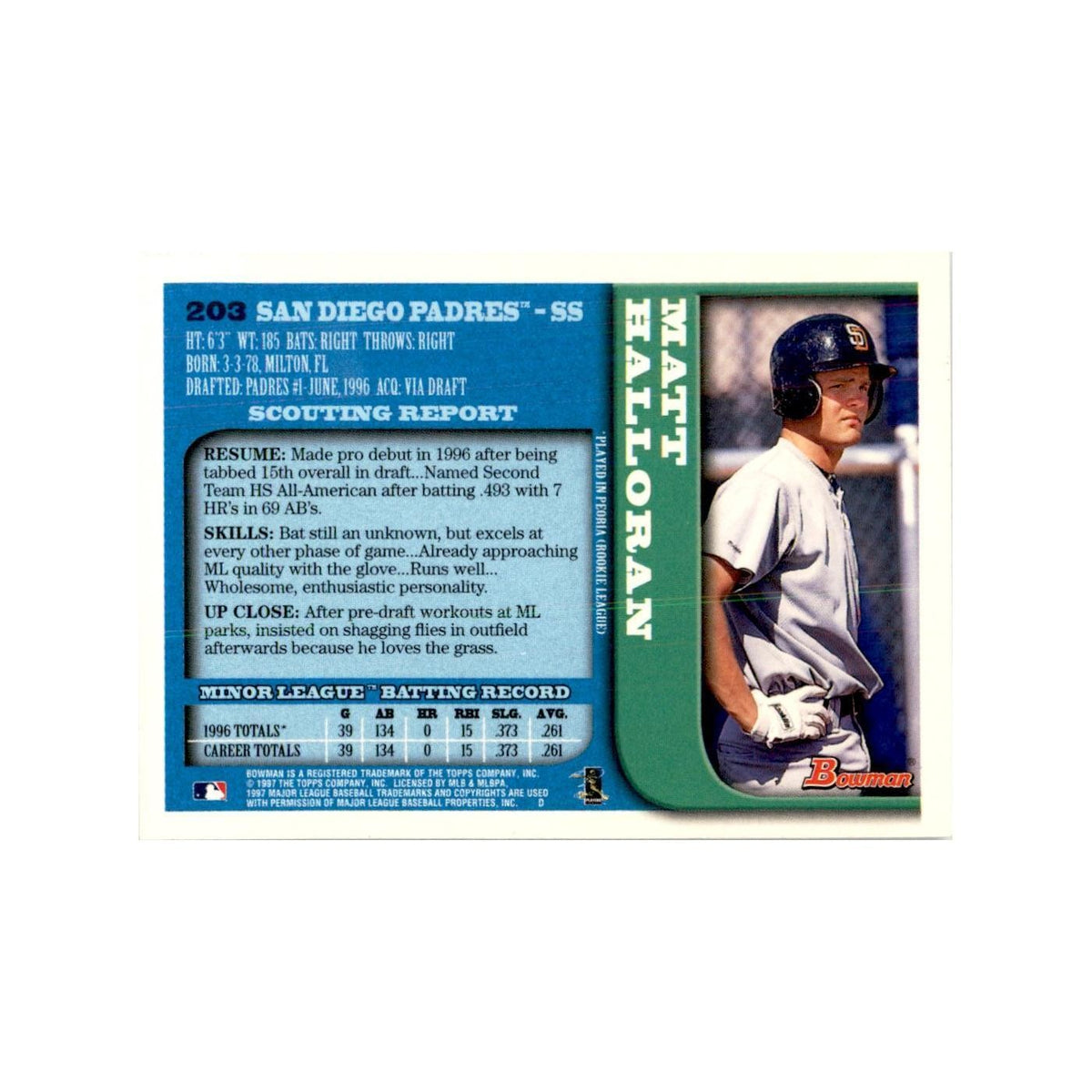 1997 Bowman Matt Halloran Baseball Cards #203