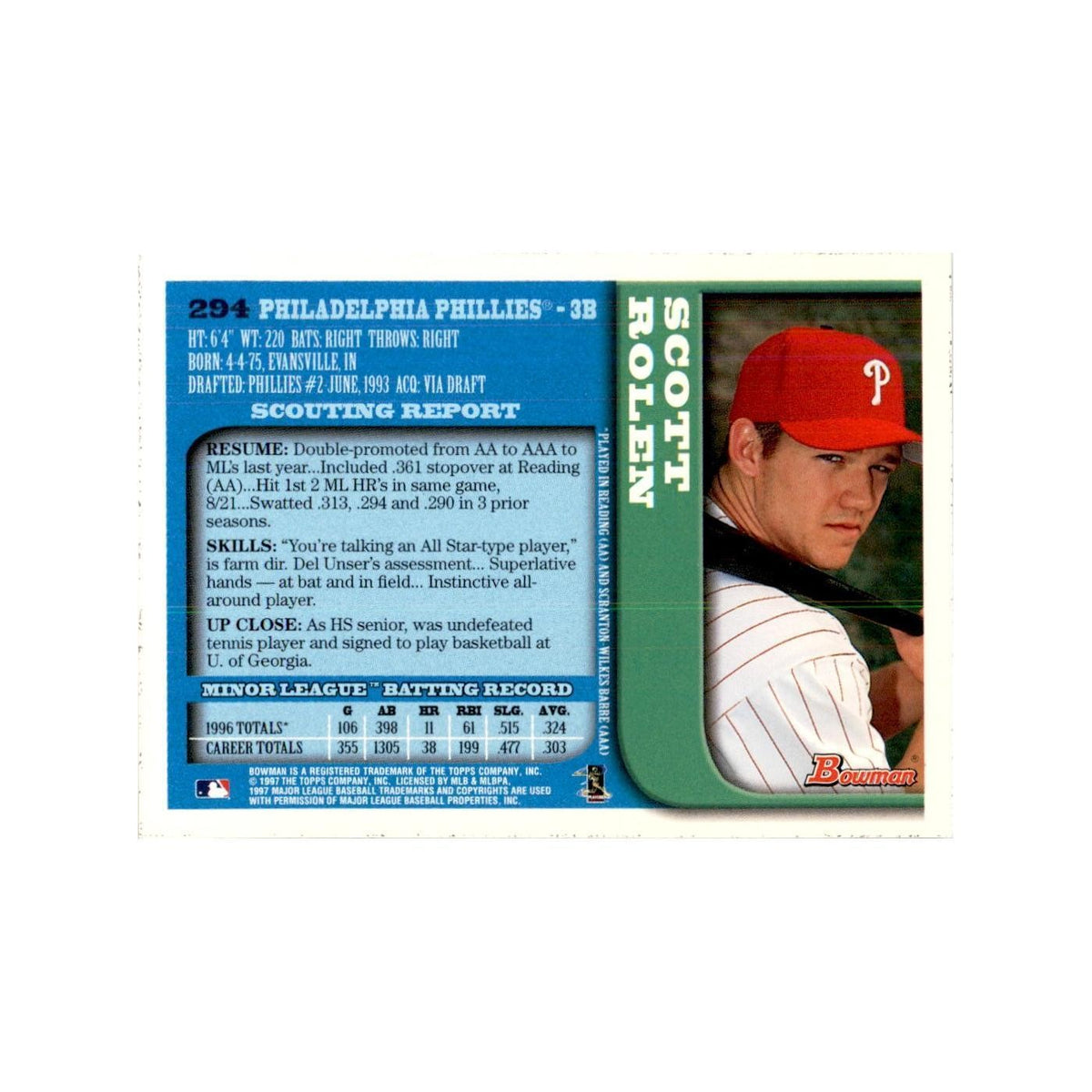 1997 Bowman Scott Rolen Baseball Cards #294