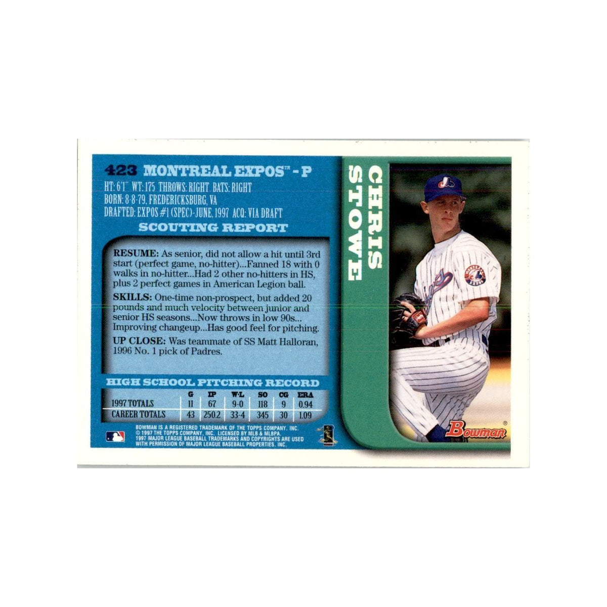 1997 Bowman Chris Stowe Baseball Cards #423