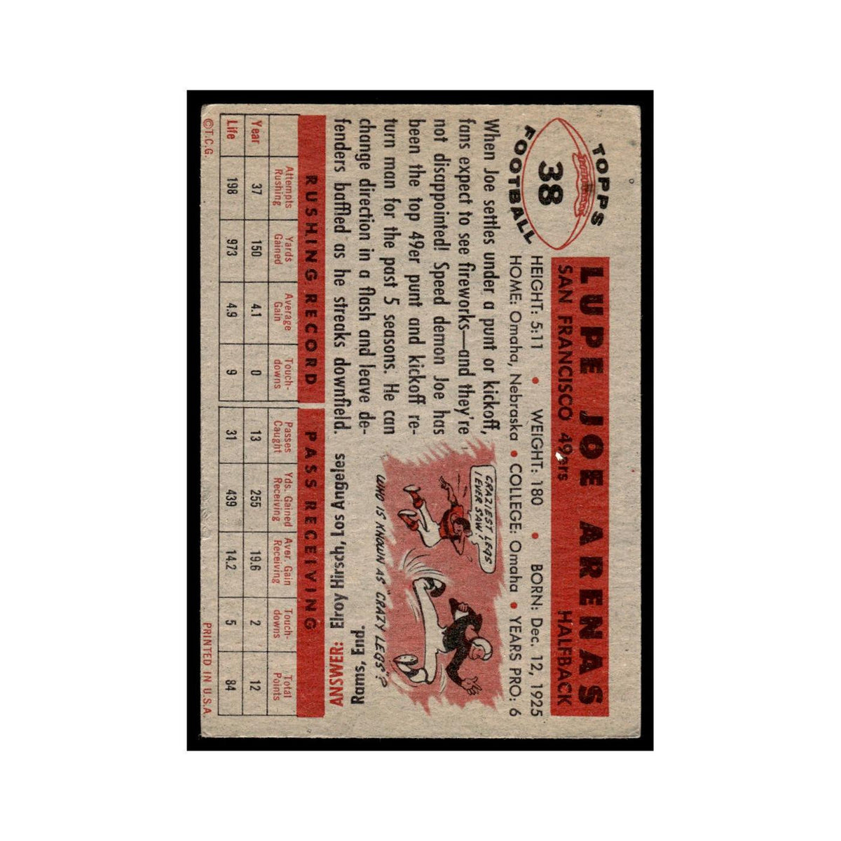 Joe Arenas 1956 Topps #38 San Francisco 49ers Football Card EX
