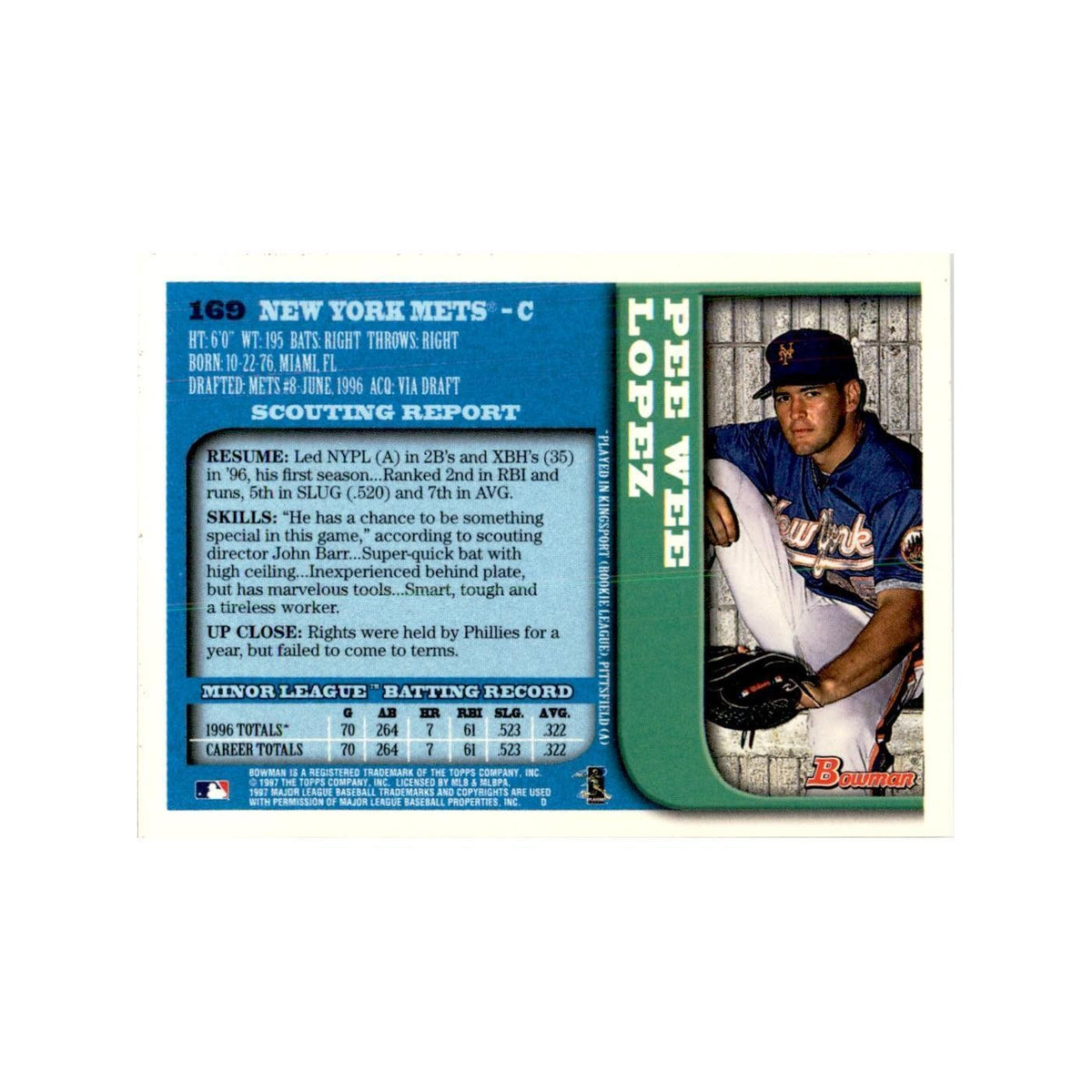 1997 Bowman Pee Wee Lopez Baseball Cards #169
