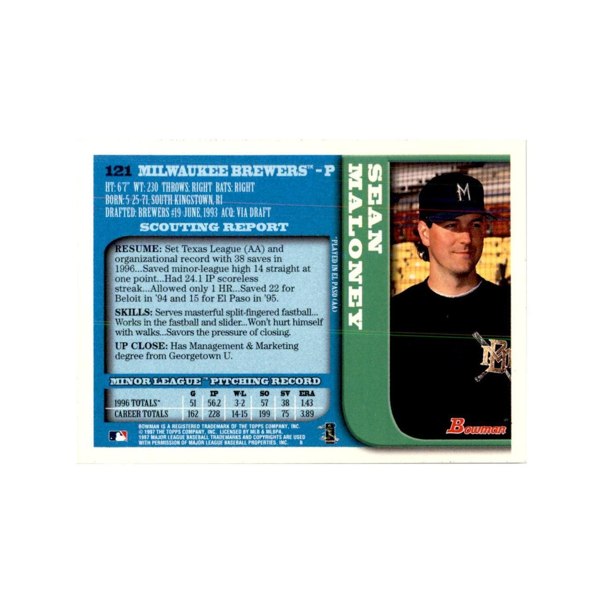 1997 Bowman Sean Maloney Baseball Cards #121