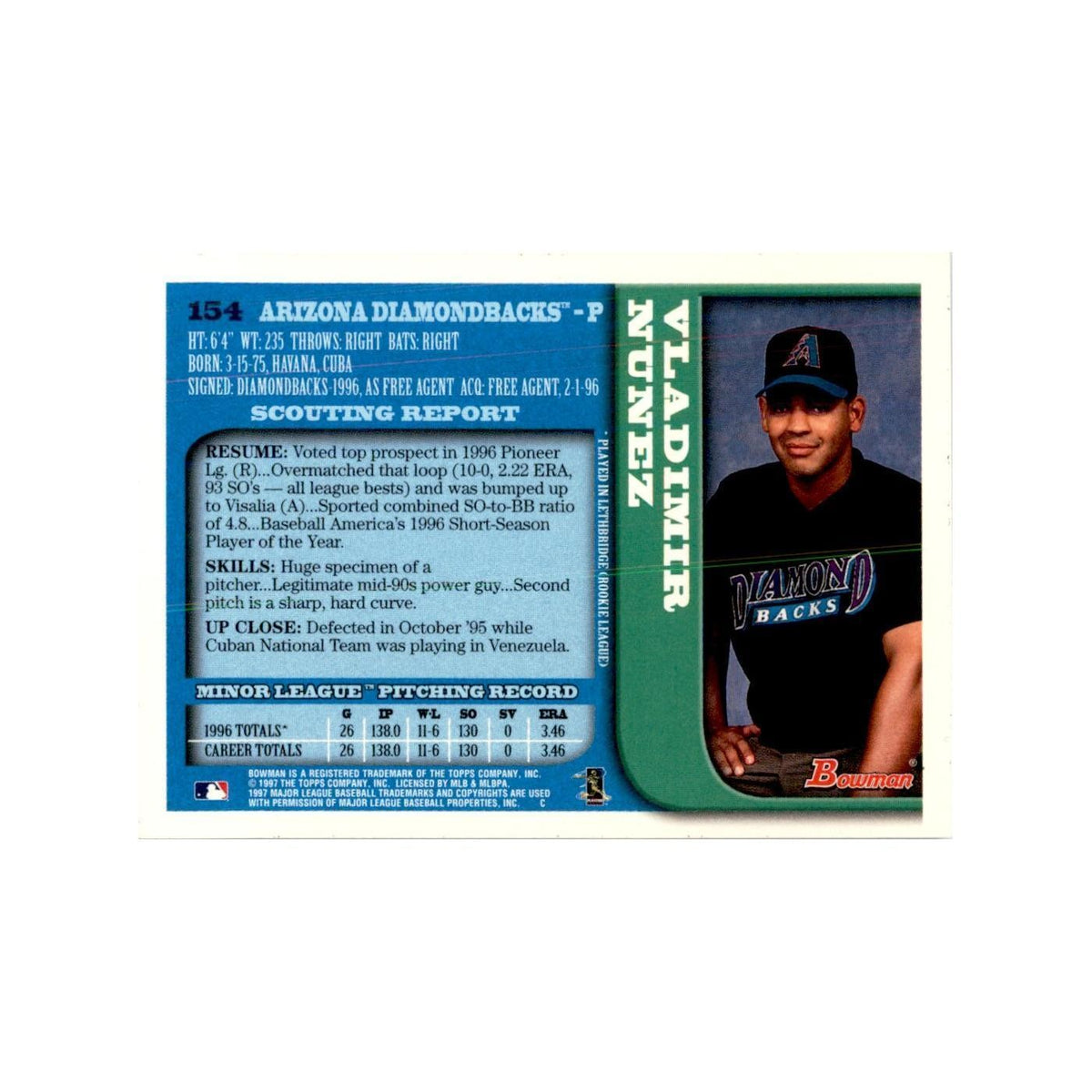 1997 Bowman Vladimir Nunez Baseball Cards #154