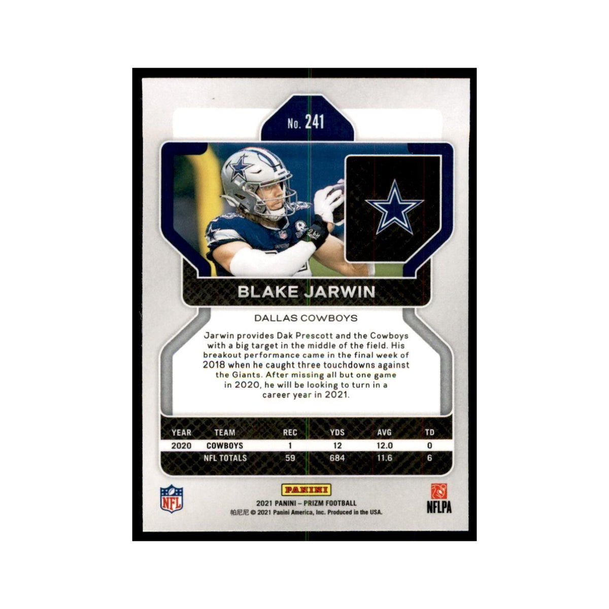 Blake Jarwin 2021 Panini Prizm #241 Football Cards Football Card NM