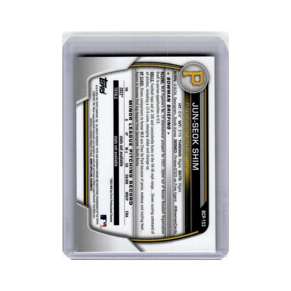 Jun-Seok Shim 2023 Bowman Chrome Prospects #BCP-153 Pittsburgh Pirates NM