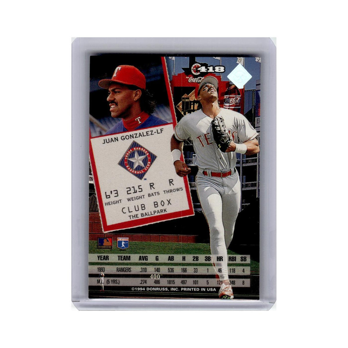 Juan Gonzalez 1994 Leaf #418 Texas Rangers Baseball Card NM