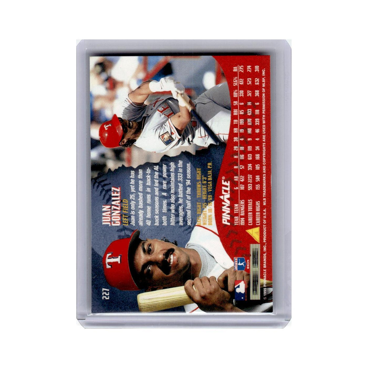 Juan Gonzalez 1995 Pinnacle #227 Texas Rangers Baseball Card NM