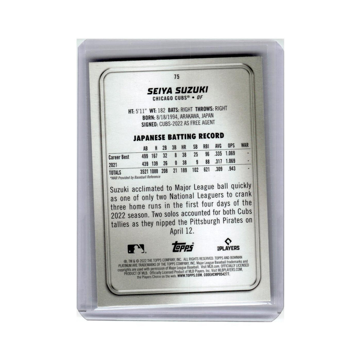 Seiya Suzuki Rookie 2022 Bowman Platinum #75 Chicago Cubs Baseball Card NM