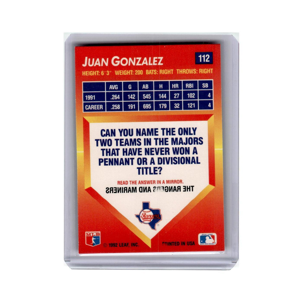 Juan Gonzalez 1992 Triple Play #112 Texas Rangers Baseball Card NM