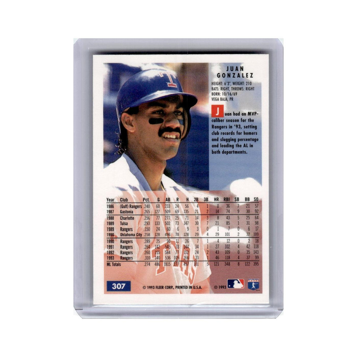 Juan Gonzalez 1994 Fleer #307 Texas Rangers Baseball Card NM