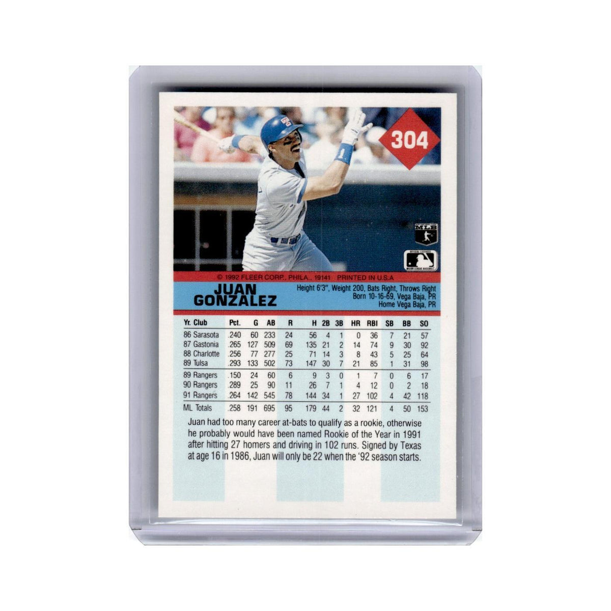 Juan Gonzalez 1992 Fleer #304 Texas Rangers Baseball Card NM