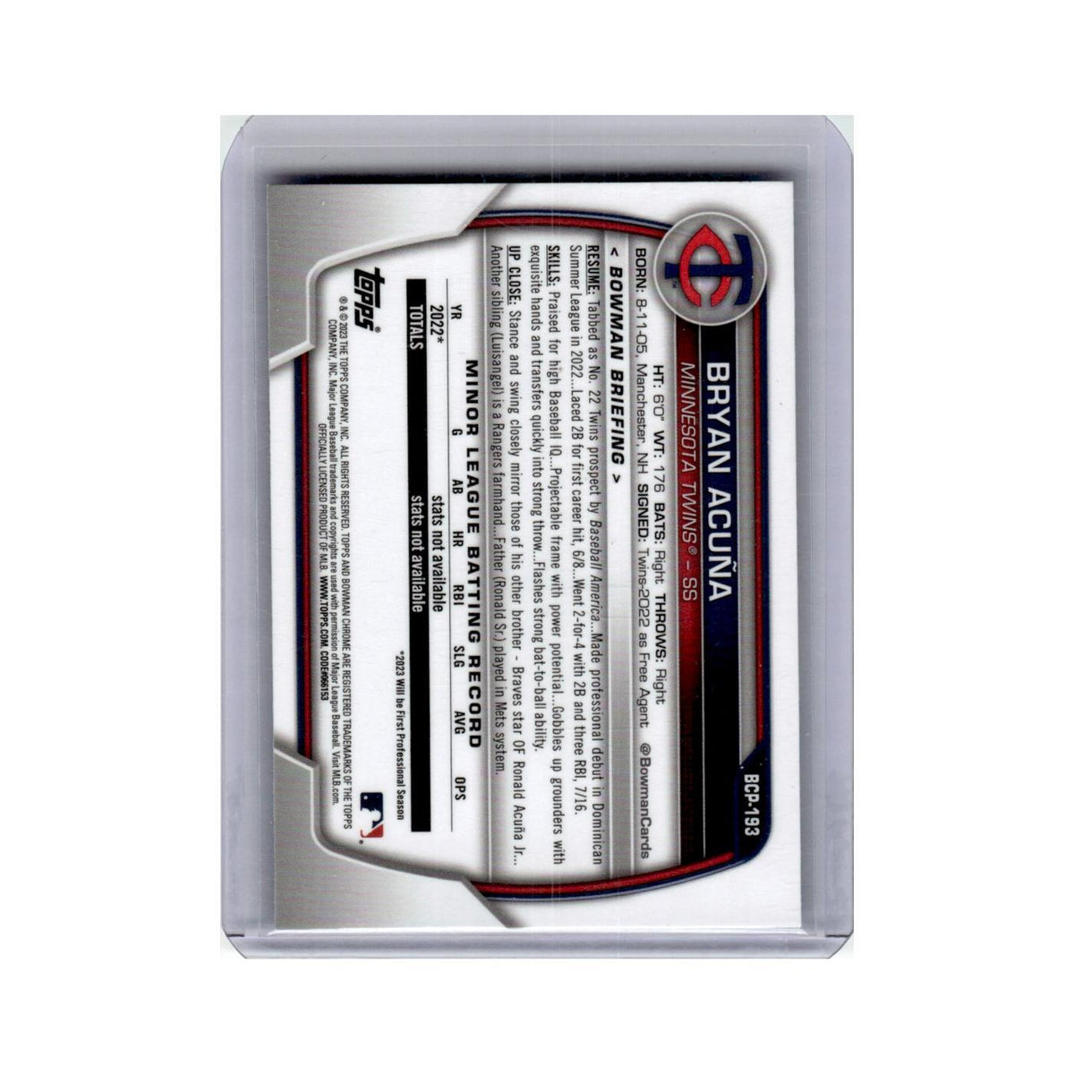 Bryan Acuña 2023 Bowman Chrome Prospects #BCP-193 Minnesota Twins NM