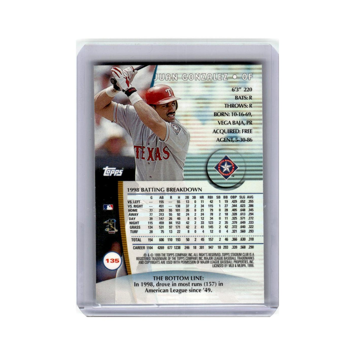 Juan Gonzalez 1999 Stadium Club #135 Baseball Card NM