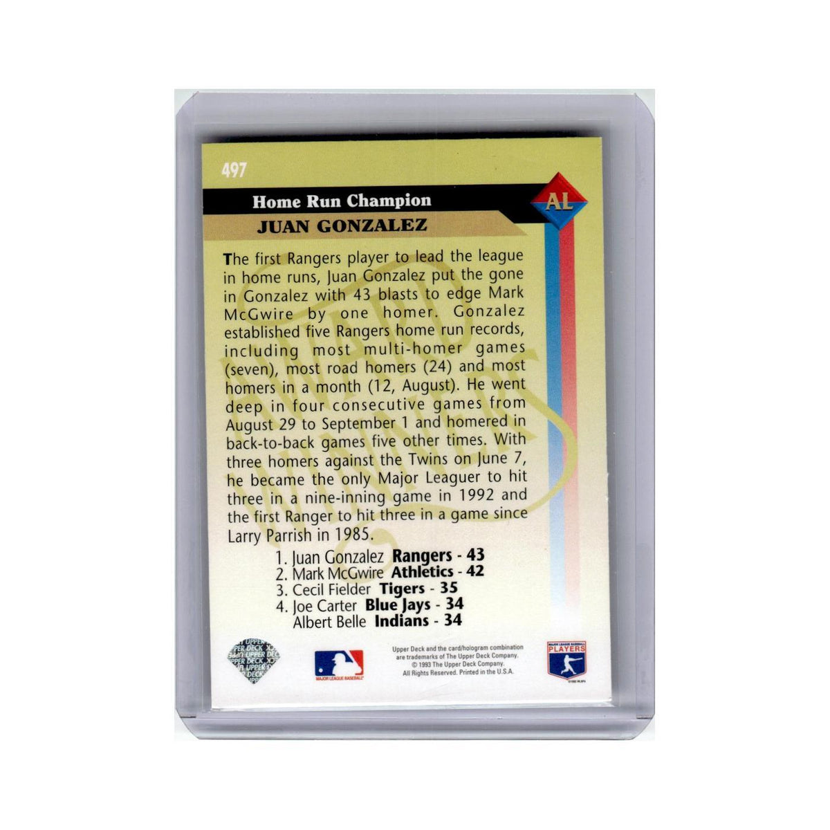 Juan Gonzalez 1993 Upper Deck #497 Texas Rangers Baseball Card NM
